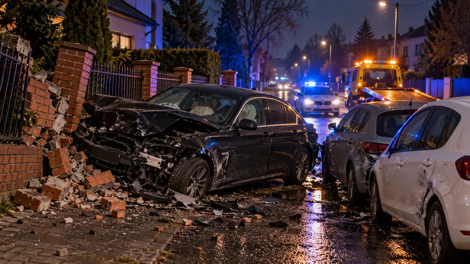 Ilustracyjna rekonstrukcja nocnego uderzenia samochodu w ogrodzenie i dwa zaparkowane auta w Ursusie