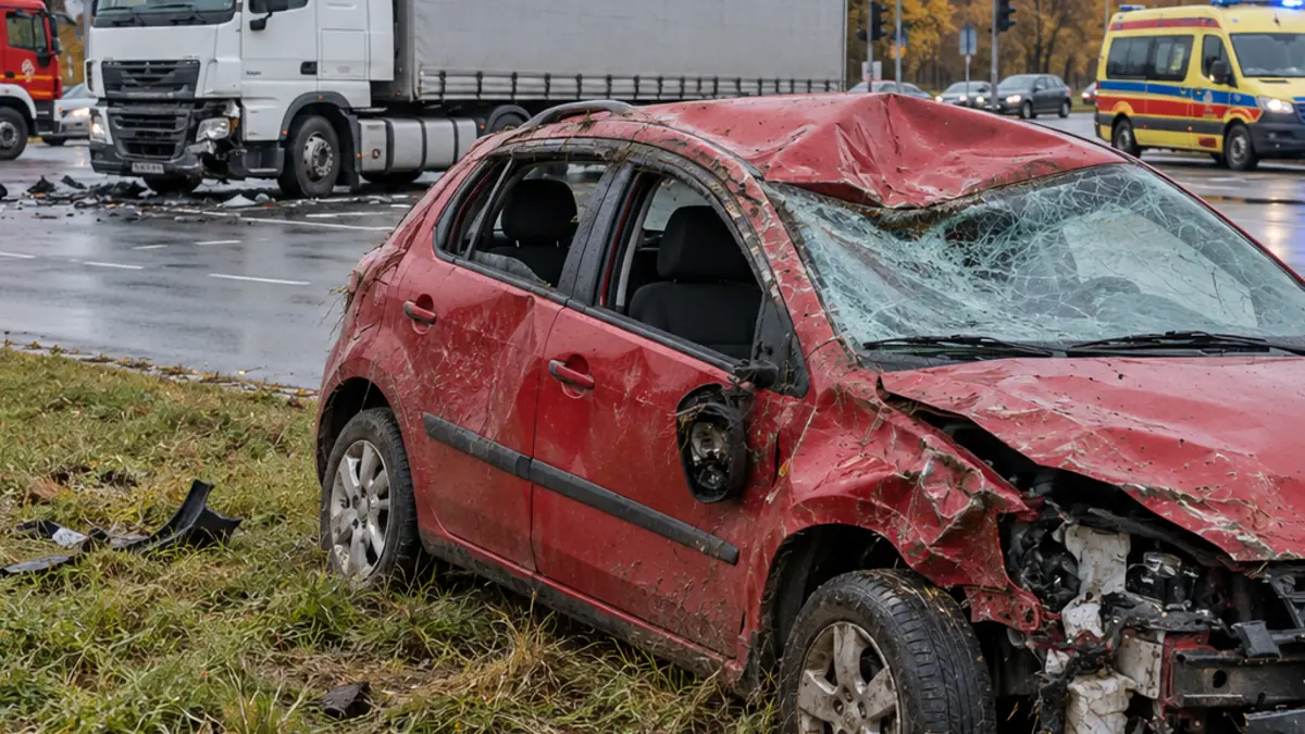 Ilustracja: Wypadek w Markach – Ford koziołkował po zderzeniu z ciężarówką