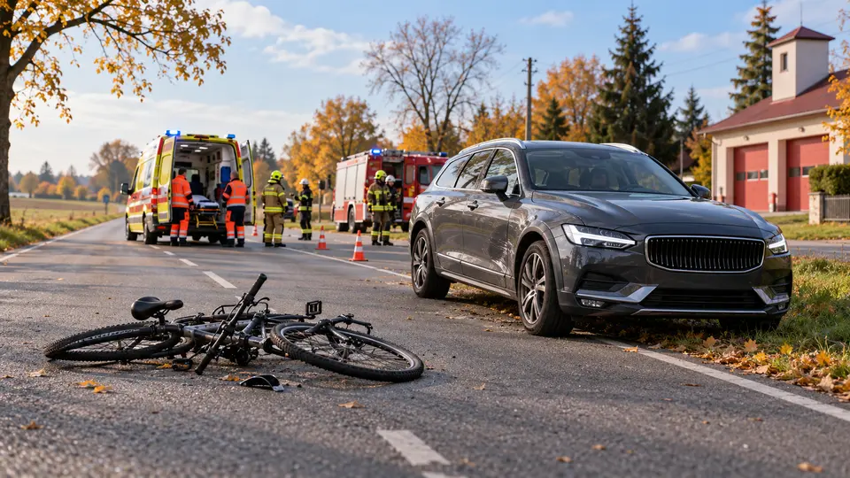 Ilustracyjna rekonstrukcja wypadku rowerzystki z samochodem na drodze wojewódzkiej 712 w Gassach