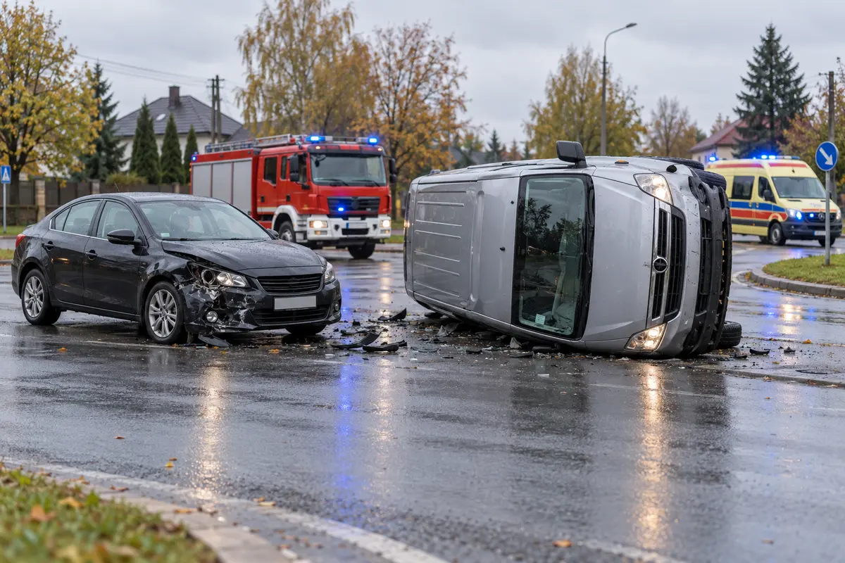 Ilustracja wypadku w Sulejówku – przewrócony bus i uszkodzona Skoda na skrzyżowaniu