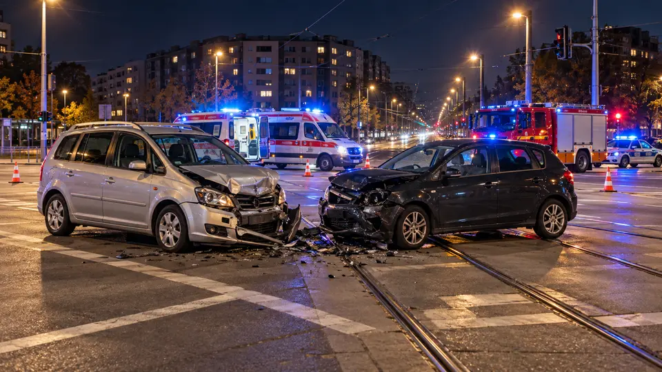 Ilustracyjna rekonstrukcja nocnego zderzenia Citroena z Peugeotem na Bemowie w Warszawie