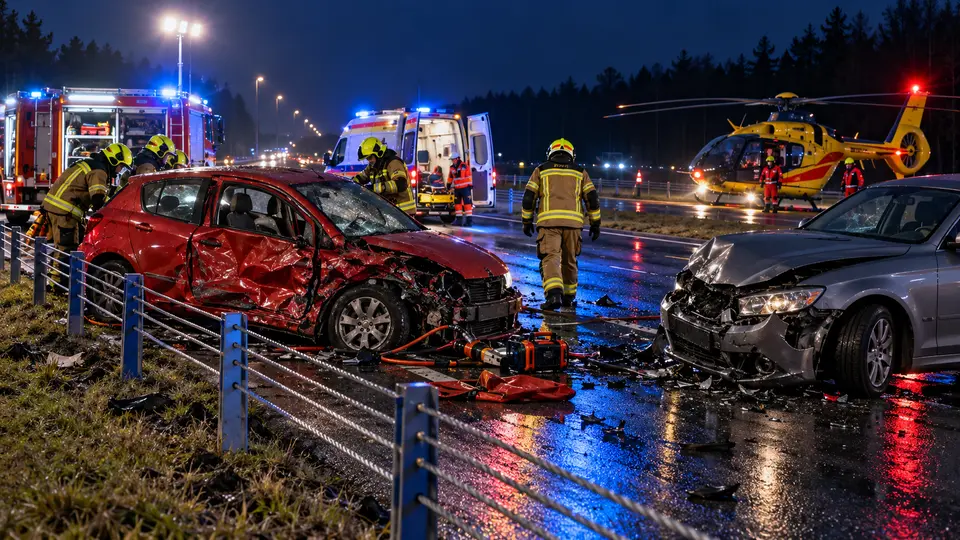 Ilustracyjna rekonstrukcja nocnego zderzenia Skody z Mazdą na drodze DK92 w Starym Koniku